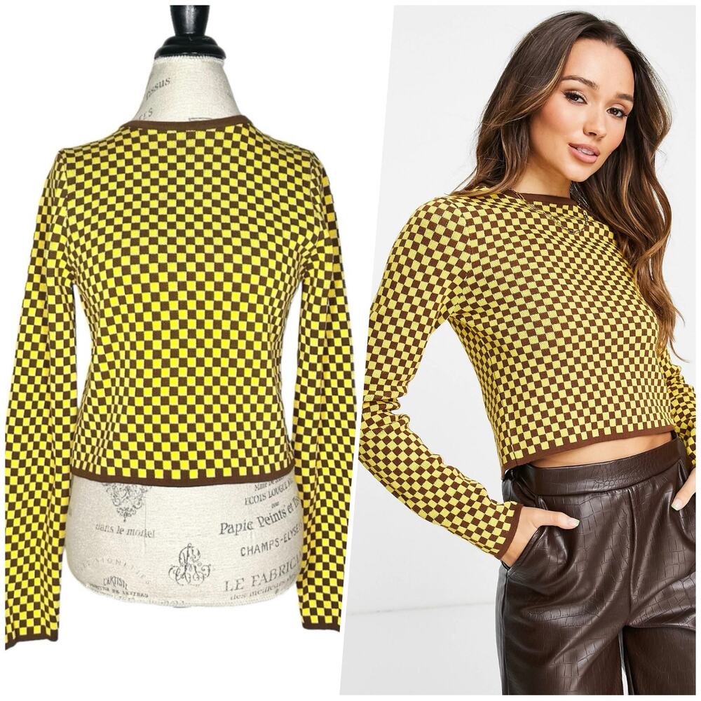 ASOS Design | Women | Yellow Brown Mini Check Tie Back Crew Neck Sweater | Sz 8